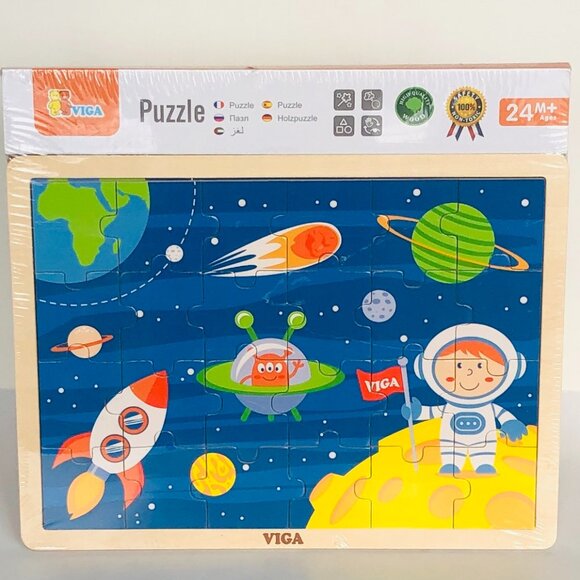 VIGA 24 Pcs Flat Wooden Puzzle w/Tray -Space Travel New Sealed For Age 2+ - Picture 10 of 15